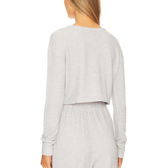 Revolve Grey Henley Crop Top SMALL Thermal Waffle Heathered Athleisure $98 NEW - Picture 3 of 6